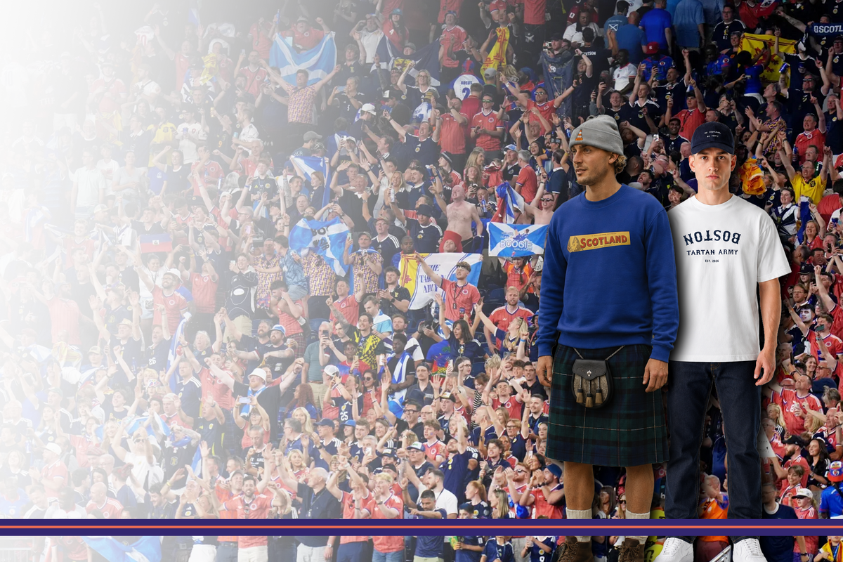 Scotland Tartan Army supporters celebrating in Boston wearing new adidas away shirt